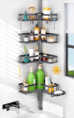 HAMITOR Corner Shower Caddy, 4-Tier Shampoo Shelf Tension Pole, 47-123 inch by HAMITOR