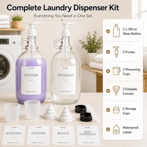 2 Pack Glass Laundry Detergent Dispensers, 128 oz One Gallon Bottles - Image 2