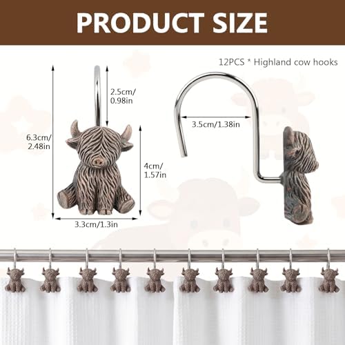 12 Pcs Highland Cow Shower Curtain Hooks, Vintage Resin Shower Curtain Hangers - Image 2