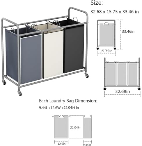 LINZINAR 3 Bags Laundry Hamper Assorted Laundry Basket 135L Laundry Sorter - Image 4