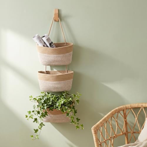 Over the Door Hanging Basket for Organizing 3 Tiers Woven Cotton Rope Wall - Image 4