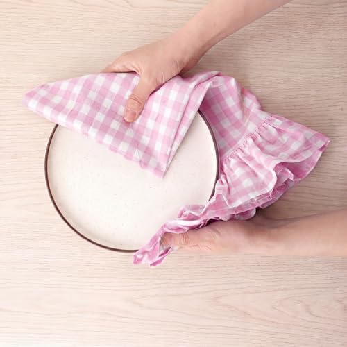 HunnmingRe 2 Pcs Hot Pink Gingham Kitchen Towels Cotton Ruffled - Image 6