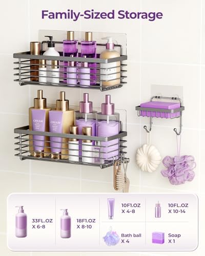 Shower Caddy Adhesive 3 Pack Stainless Steel Storage Organizers-Grey - Image 5