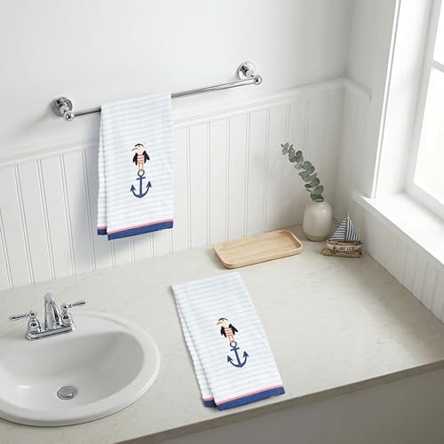 Ritz 2-Piece Cotton Velour Bathroom Hand Towel Set, Embroidered Anchor Seagull - Image 5