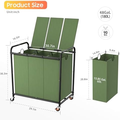 180L Laundry Sorter 3 Section, Rolling Laundry Basket - Image 2