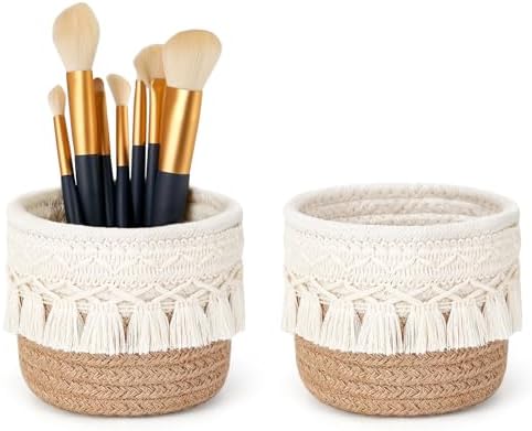 Mkono Macrame Makeup Brush Holder, Boho Mini Storage Basket Set of 2 by Mkono