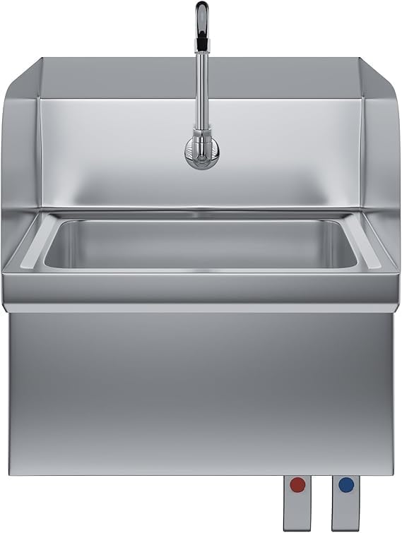 Stainless Steel Hands-Free Wall-Mounted Hand Sink – 17" x 15" with Knee Pedals, Faucet & Side Splash Guards – NSF Certified