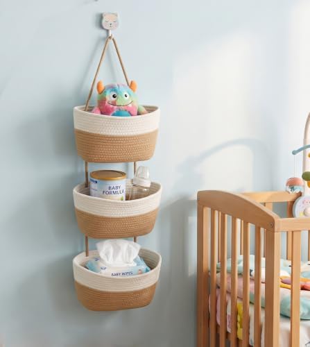 Over the Door Hanging Basket for Organizing 3 Tiers Woven Cotton Rope Wall - Image 5