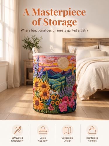 Quilted Laundry Basket with Handles, Boho Floral Quilted Storage Hamper - Image 7
