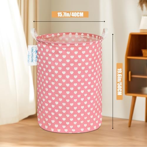 Round Laundry Basket Collapsible Storage Hamper Organizer Pink Heart - Image 2
