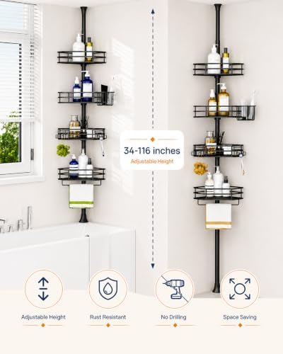 SEIRIONE Corner Shower Caddy Tension Pole, Quick Setup, Rust-Free Bathroom - Image 2