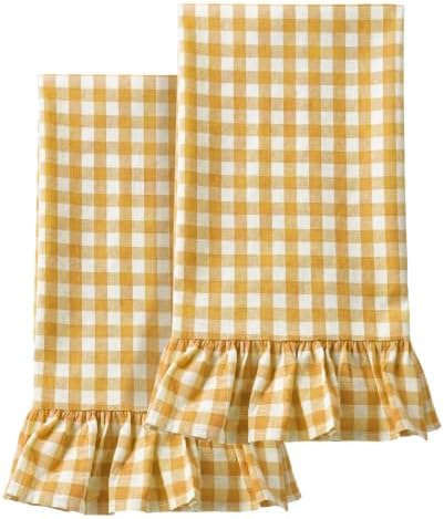 HunnmingRe 2 Pcs Yellow Pink Gingham Kitchen Towels Cotton Ruffled by HunnmingRe