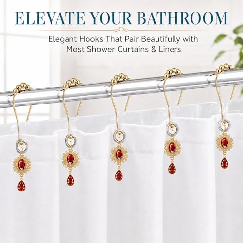 12PCS Red Gem Shower Curtain Hooks, Elegant Bathroom Decor - Image 4