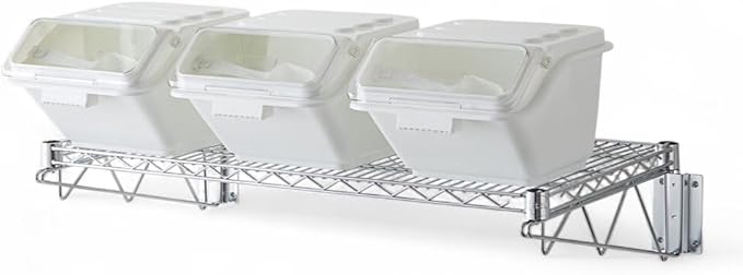 18" x 36" Chrome Wall-Mounted Wire Shelf Kit with Clip-in Ingredient Storage Bins, Heavy-Duty Steel Rack, Supports up to 600 lb, Flip-Top Lids, Open-Wire Design for Kitchen/Prep/Storage