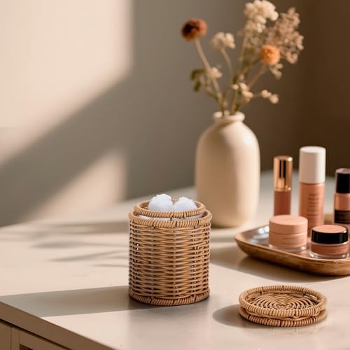 Rattan Q-tip Holder with Lid, Cotton Swab Canister - Image 2