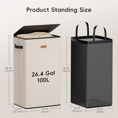 100L Laundry Hamper with Lid, Large Clothes Hampers with Removable Bag - Image 6