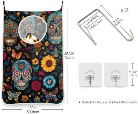Mexican Skulls and Flowers Hanging Laundry Hamper Door Hampers Bag Basket - Image 3