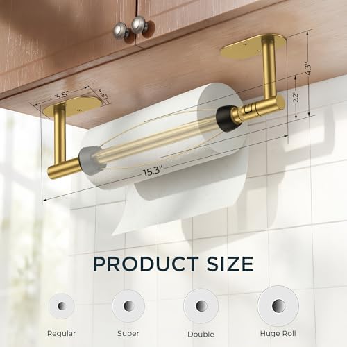 FORIOUS Paper Towel Holder Under Cabinet, One Hand Tear, Brushed Gold - Image 6