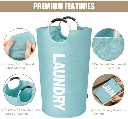 DOKEHOM 90L Large Laundry Basket Bag, Collapsible Tall Hamper, Light Blue - Image 6