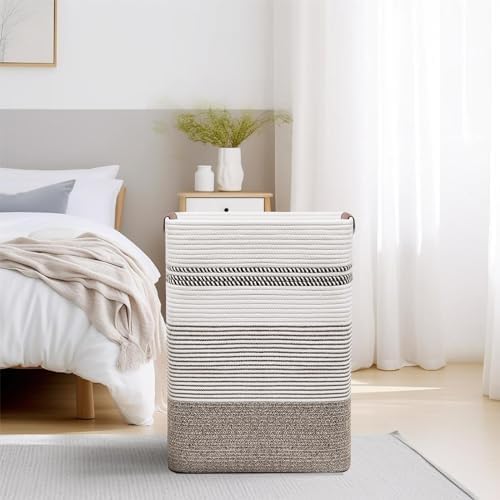 Laundry Hamper, 85L Cotton Rope Laundry Basket, Rice Brown & White - Image 5