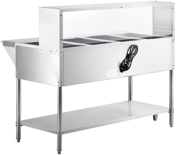 Four Pan Electric Steam Table with Undershelf, Overshelf, Sneeze Guard, Stainless Steel, 208/240V, 3000W, 57x30x34 Inches