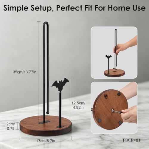 Wooden Paper Towel Holder Countertop, Gothic Iron Bat Decor Solid Wood Base - Image 6