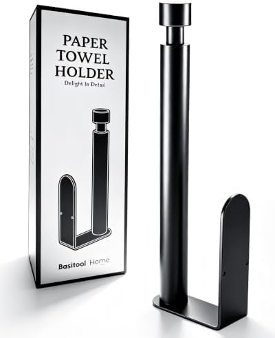 Paper Towel Holder Under Cabinet Adhesive or Drilling Matte Black by Basitool