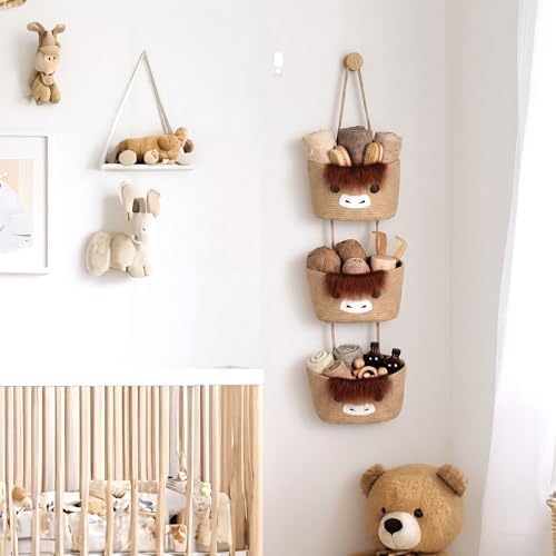 Highland Cow Nursery Decor 3-tier Highland Cow Cotton Rope Hanging Basket - Image 5