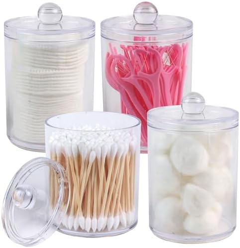 4 Pack Acrylic Qtip Holder Dispenser, Canisters Apothecary Jar Set, 10 oz by Aynoo
