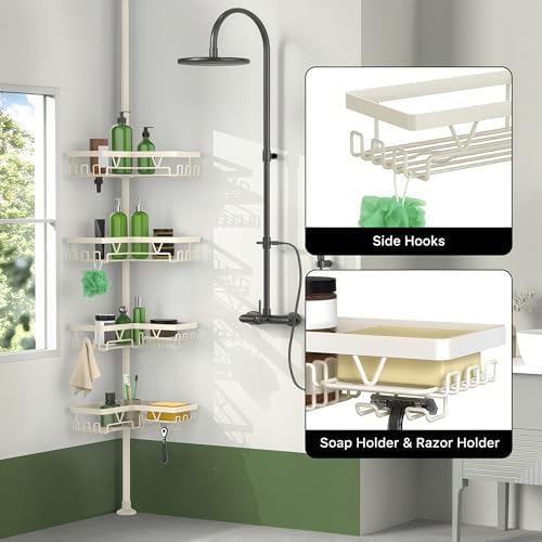 KEGII Shower Corner Caddy Tension Pole, Corner Bathtub Shelf, Cream White - Image 2
