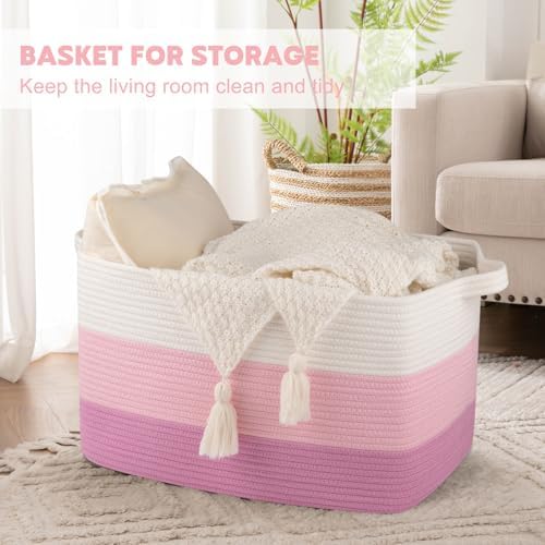 OIAHOMY Large Blanket Basket, 65L Cotton Rope Woven Laundry Basket, Toy Bin - Image 2