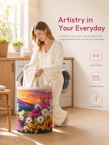 Quilted Laundry Basket with Handles, Boho Floral Quilted Storage Hamper - Image 5