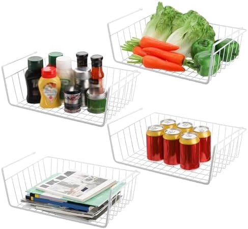 Tebery 4 Pack White Under Shelf Wire Basket Hanging Storage Baskets, Under by Tebery