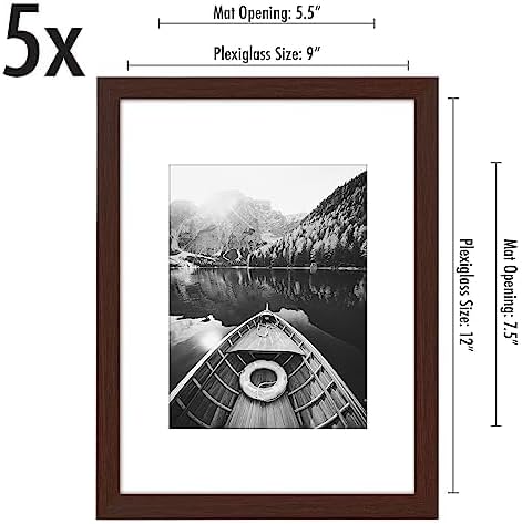 Americanflat 9x12 Picture Frame with Polished Plexiglass - Set of 5 - Use as 6x8 Frame with Mat or Display 9x12 Photo Without Mat - Galleria Collection - Picture Frames for Wall Display - Mahogany
