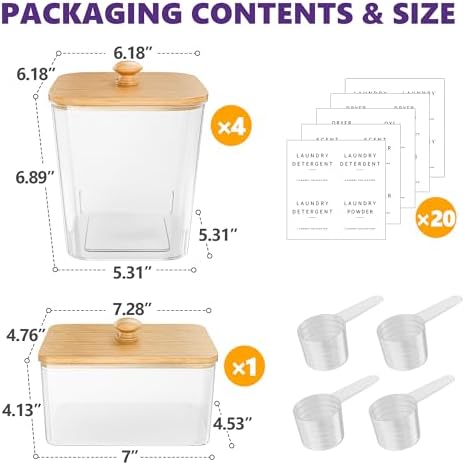 Moforoco 4+1 Pack Bamboo Laundry Pods Container, Acrylic Clear Laundry Room - Image 2