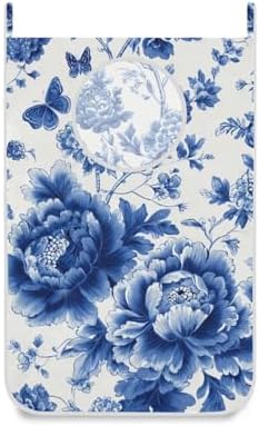 Blue and White Peony Flowers Butterfly Hanging Laundry Hamper Door Hampers Bag by Tatenale
