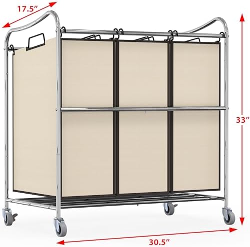 Simple Houseware Heavy Duty 3-Bag Laundry Sorter Rolling Cart - Image 2