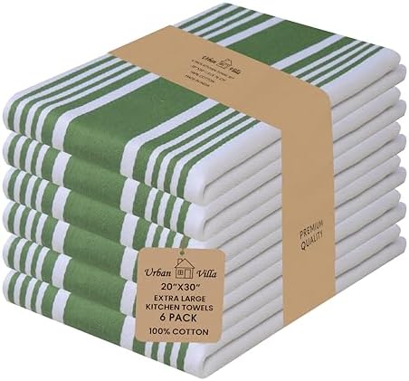 Urban Villa Kitchen Towels Cotton Dish Towels 20”x30” Green Wht by CottonTrends