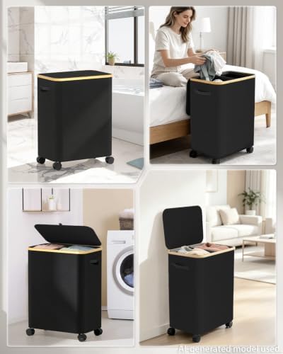 Double Laundry Basket with Wheels and Lid, 150L Clothes Hampers - Image 6