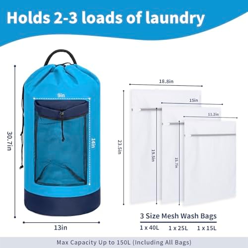 150L Laundry Bag Backpack with 3 Sizes Mesh Wash Bags and Shoulder Straps - Image 2