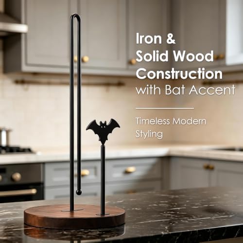 Wooden Paper Towel Holder Countertop, Gothic Iron Bat Decor Solid Wood Base - Image 3