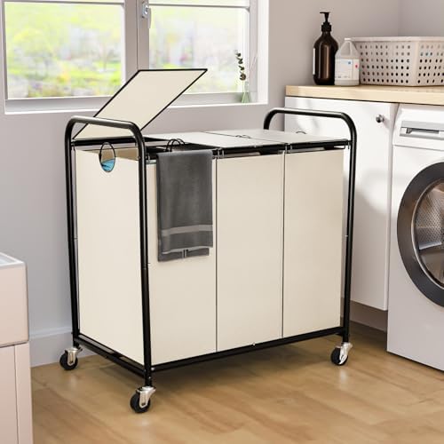 180L Laundry Sorter 3 Section, Rolling Laundry Basket by OLLDIDE