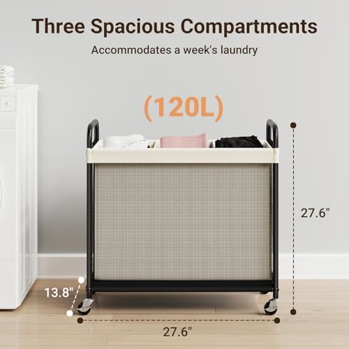ELYKEN Laundry Hamper 3 Section, 120L Rolling Laundry Sorter - Image 3