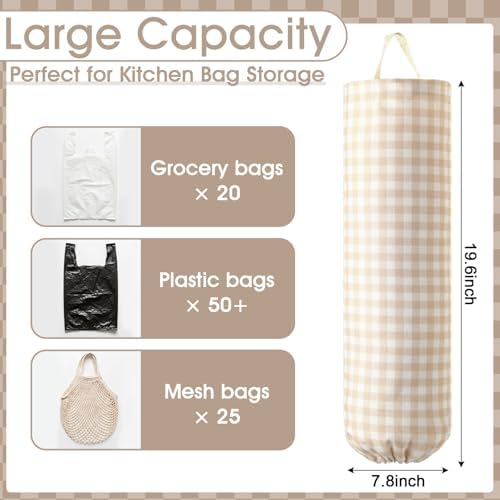Gingham Plastic Bag Holder for Grocery Bag, Milkshake Tan - Image 2