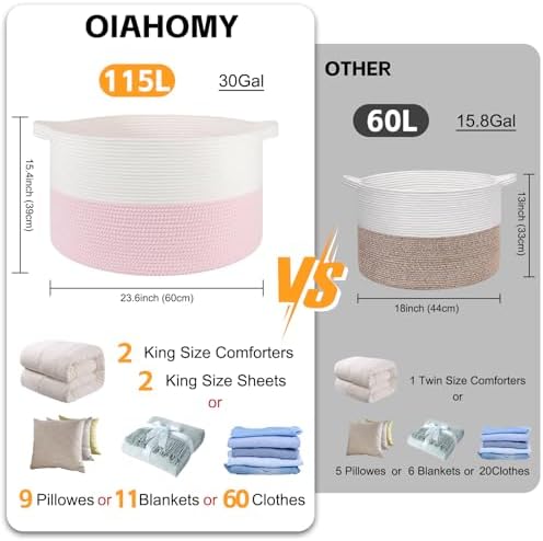 OIAHOMY 115L Extra Large Blanket Basket Living Room Laundry Basket Pink - Image 2