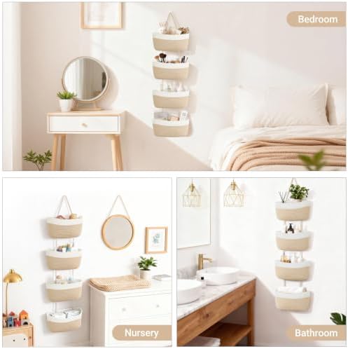 Over The Door Hanging Basket Storage 4-Tier Woven Wall Basket, Jute & White - Image 6