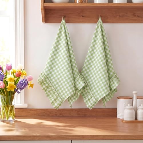 HunnmingRe 2 Pcs Mint Green Gingham Kitchen Towels Cotton Ruffled - Image 5