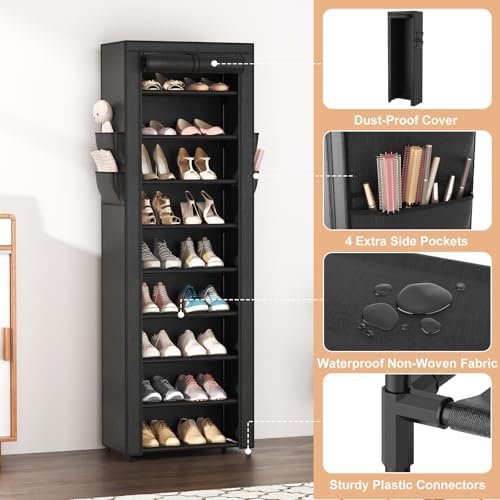 VILICK Shoe Rack with Cover Narrow Shoe Organizer with 4 Side Pockets 10 Tier - Image 4