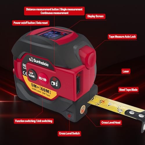 Laser Tape Measure 3 in 1 with Laser Level Crosshairs |196ft/60m LCD - Image 2