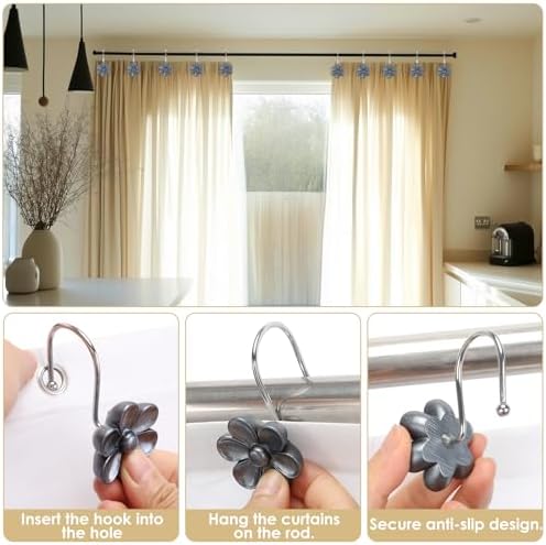 3D Floral Shower Curtain Hooks, Living Room Fun Home Decor (Moonstone Grey - Image 5